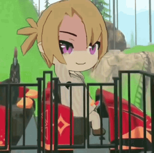 a cartoon girl with purple eyes is riding a roller coaster