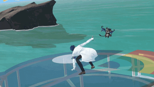 a man in a white coat stands on a circle with a bat flying overhead