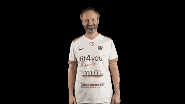 a man with a beard wears a white shirt that says fit4you