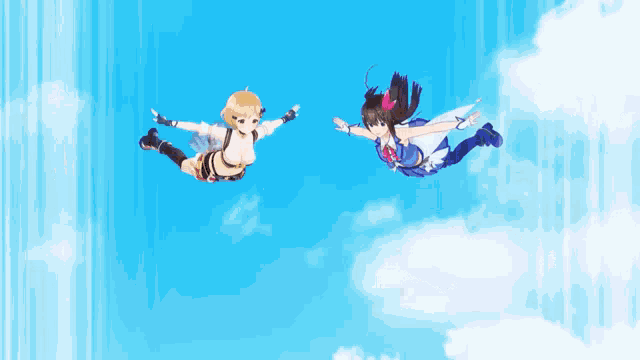 two anime characters are flying through the air