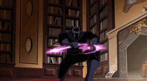 a cartoon character is holding a purple sword