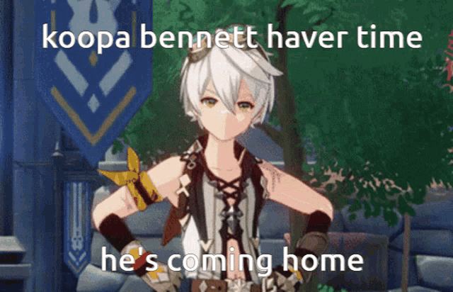 a cartoon of a boy with the words koopa bennett haver time he 's coming home