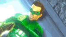 a man in a green superhero costume and mask is flying in the air .