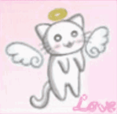a drawing of a cat with angel wings and a halo .