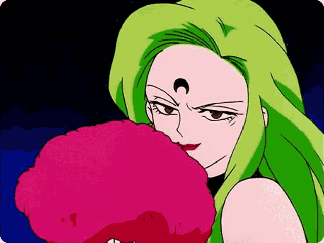 a cartoon of a woman with green hair and a crescent moon