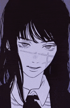a black and white drawing of a girl with long black hair and a tie