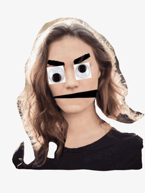 a picture of a woman with googly eyes and black eyebrows