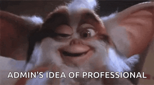 a gremlin from the movie gremlins is smiling with the words `` admin 's idea of professional '' written below it .