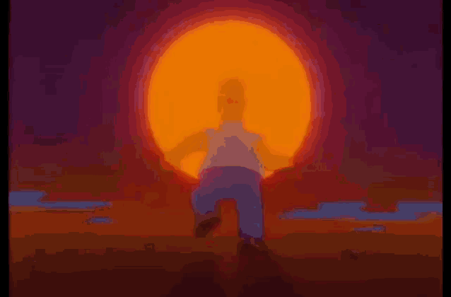 homer simpson is running in front of a large sun