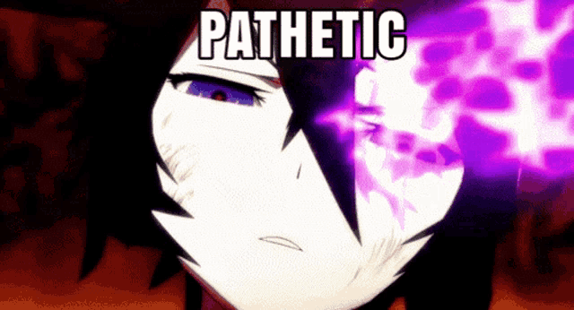 a cartoon character with a purple light coming out of her eyes and the words pathetic above her