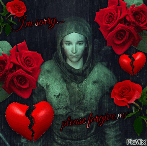 a picture of a man surrounded by red roses and hearts with the words " i 'm sorry please forgive me "