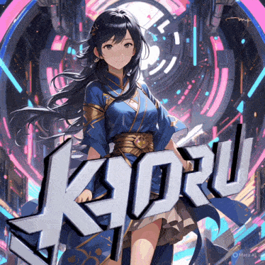 a girl in a blue kimono stands in front of a sign that says ' kyoru '