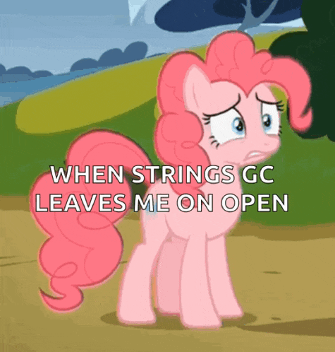 a pink pony with a sad look on her face and the words " when strings gc leaves me on open " below her
