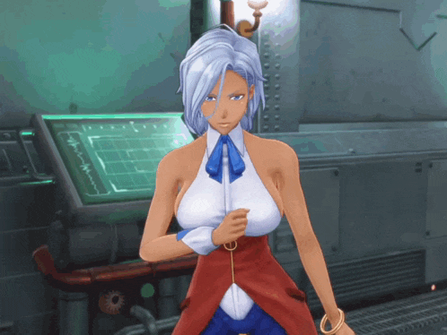 a woman in a red white and blue dress with a blue bow tie