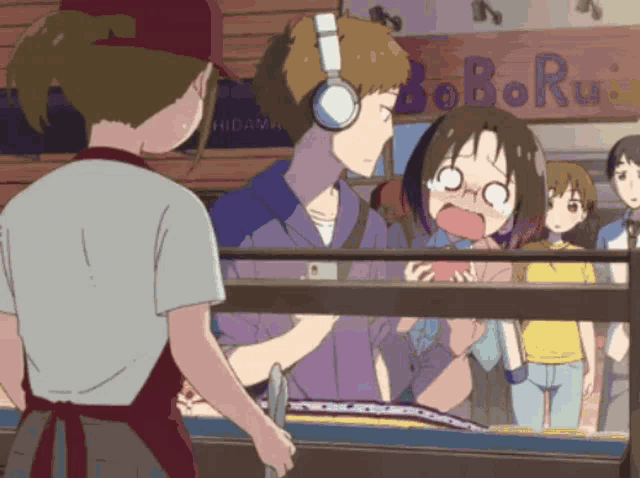 a boy wearing headphones stands next to a girl in front of a sign that says boboru