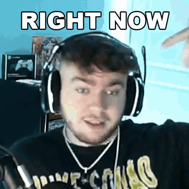 a man wearing headphones with the words right now above him