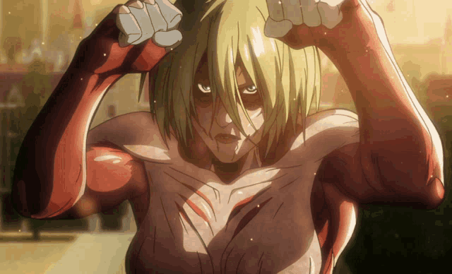 a female anime character with blonde hair and red muscles is standing in front of a building
