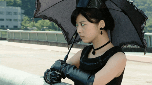 a woman in a black dress holds an umbrella