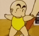 a cartoon baby in a yellow swimsuit is standing next to a person 's leg .
