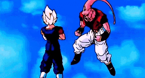 a cartoon of a man standing next to a cartoon of a man flying through the air .