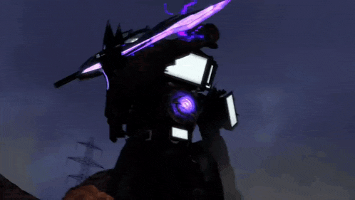 a robot with a purple sword is standing in front of a power pole