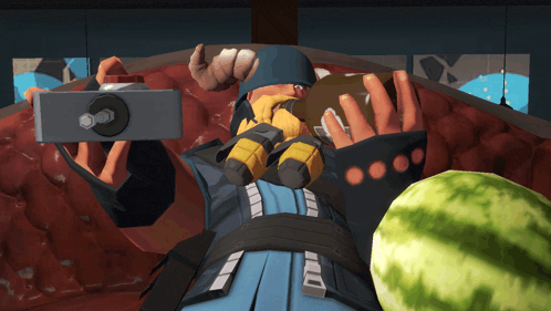 a cartoon character is laying on a red couch holding a camera