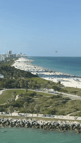 an aerial view of a beach with palm trees and a city in the background
