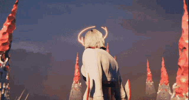 a video game character with horns and a sword is standing on top of a maze .
