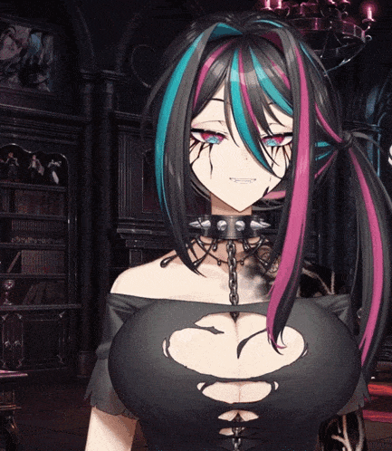 a girl with a choker around her neck is wearing a black top with a hole in it