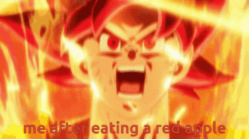 a picture of a cartoon character with the words me after eating a red apple on the bottom