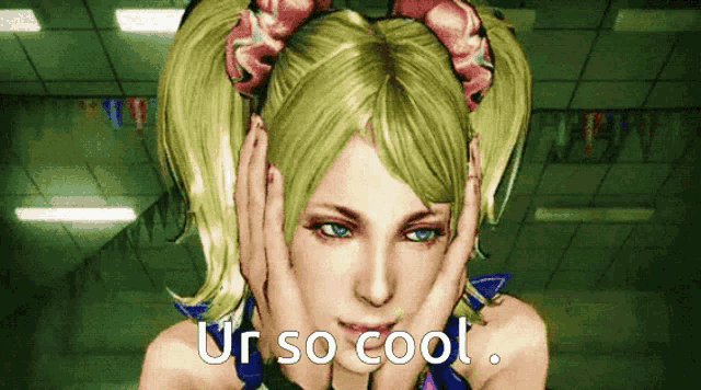 a video game character says " ur so cool " on the screen