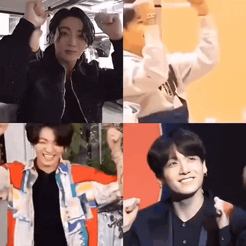 a collage of four pictures of a young man making a heart shape with his hands .