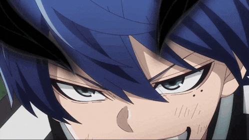 a close up of a cartoon character with blue hair