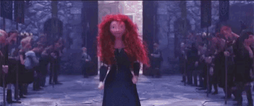 a cartoon character with red hair is dancing in front of a crowd with the words haters gonna hate below her