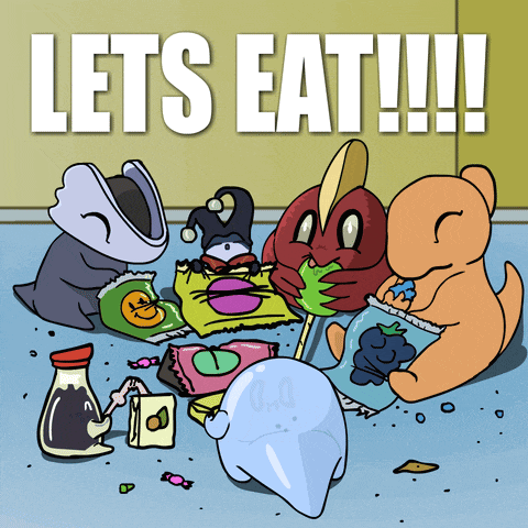 a cartoon says let 's eat with a bunch of candy