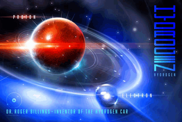 a poster showing a proton and an electron with the name dr. roger billings on the bottom