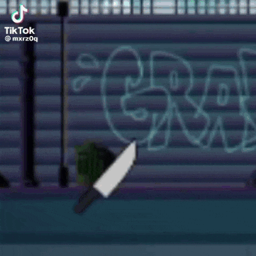 a cartoon cat is holding a knife in front of a wall with graffiti .
