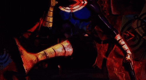 a painting of a person in a blue and gold outfit