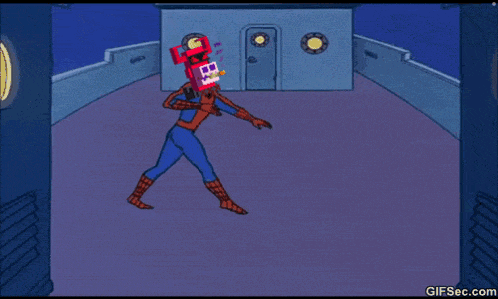 a gifsec.com image of a cartoon character with a red skull on his head