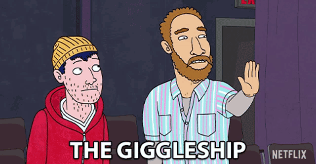 a cartoon of two men standing next to each other with the words the giggleship below them