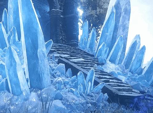 a staircase is surrounded by ice crystals in a landscape
