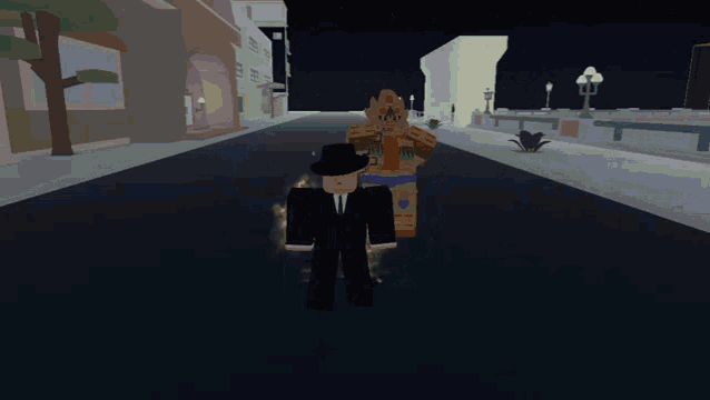 a cartoon character in a black suit and top hat is standing in front of a blue light