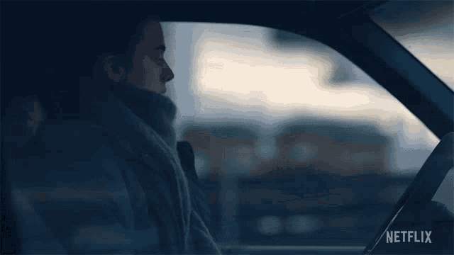 a man is sitting in a car with netflix written on the side