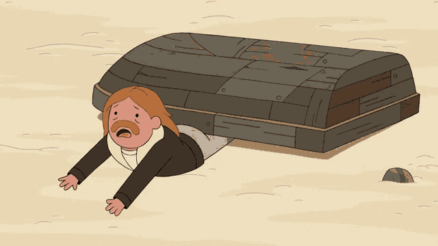 a cartoon character is laying on the ground under a wooden trunk