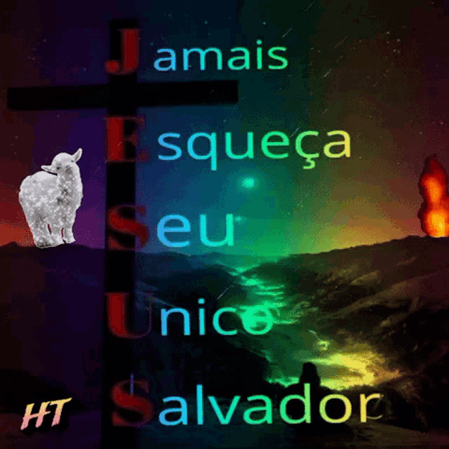 a sheep is standing on a cross with the words jamais esqueça seu unico salvador above it