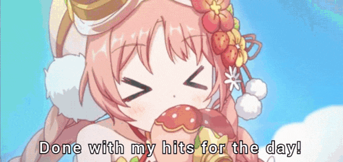 a cartoon girl is eating a donut and says done with my hits for the day !