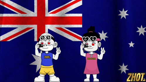 a boy and a girl are standing in front of an australian flag and the girl is wearing a shirt that says zhout