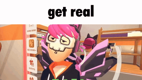 a cartoon character wearing a mask and headphones with the words get real above him