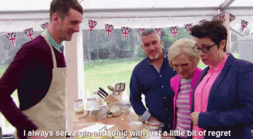 a group of people are standing around a table in a tent and one of them says i always serve gin and tonic