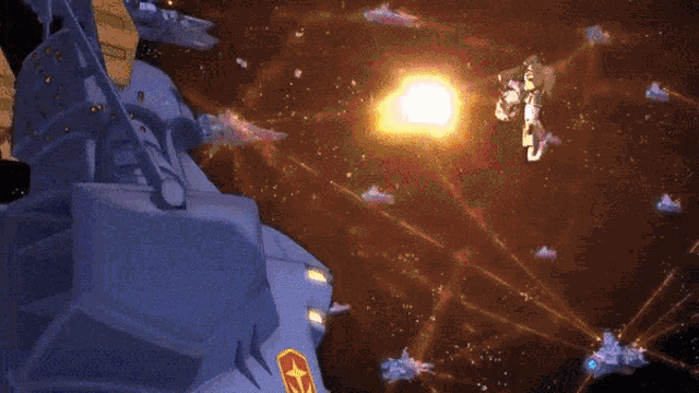 a blue robot with a red emblem on it